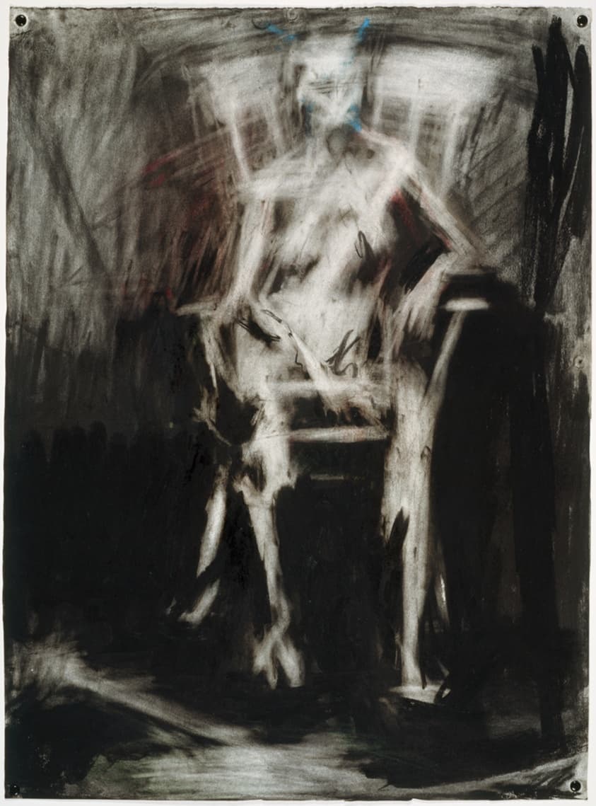 A work made of charcoal and pastel, with stumping, erasing and scraping, on white wove paper.
