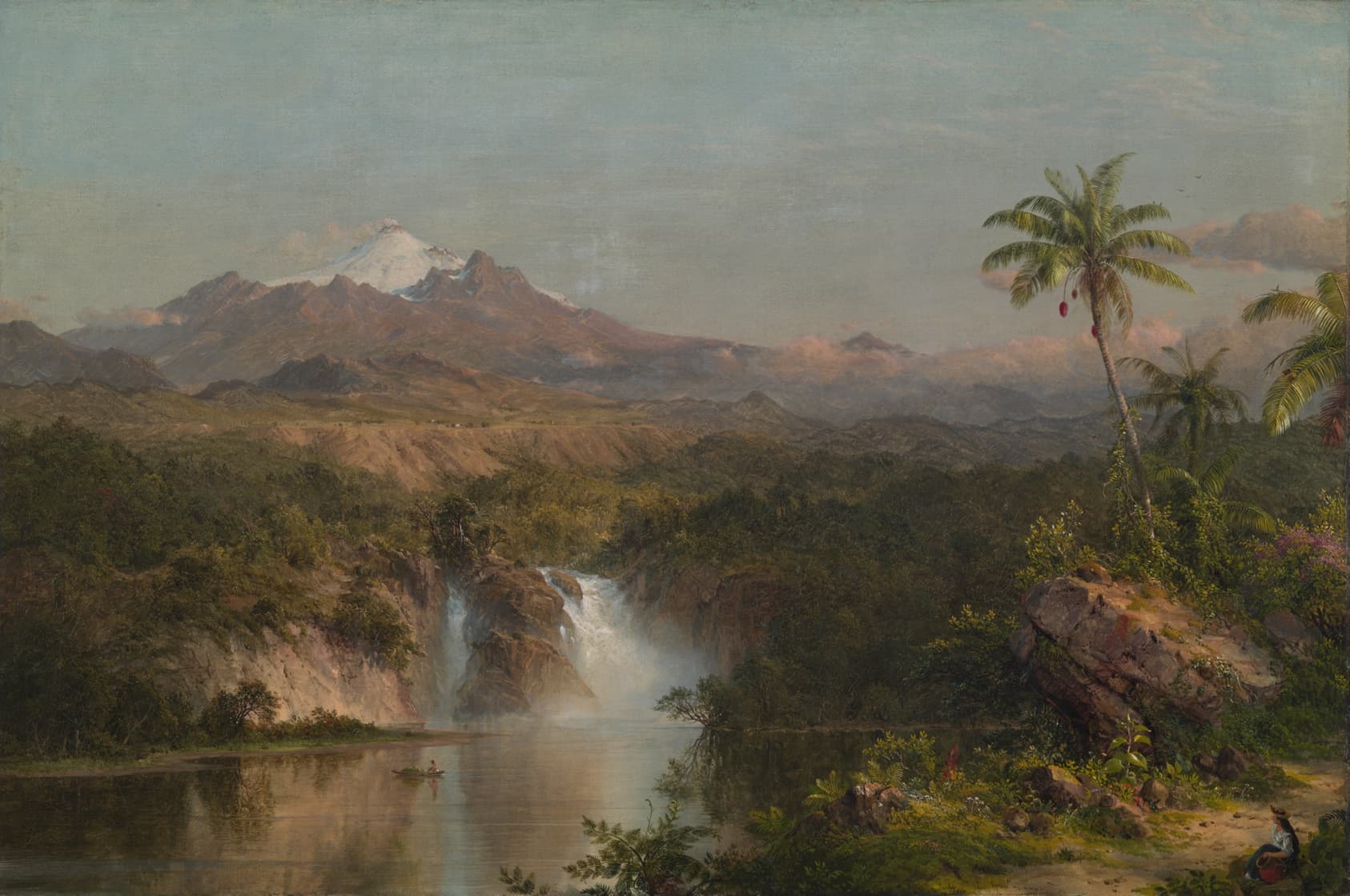 Ecuadorian landscape with people, palm trees, waterfall, and volcano in background.