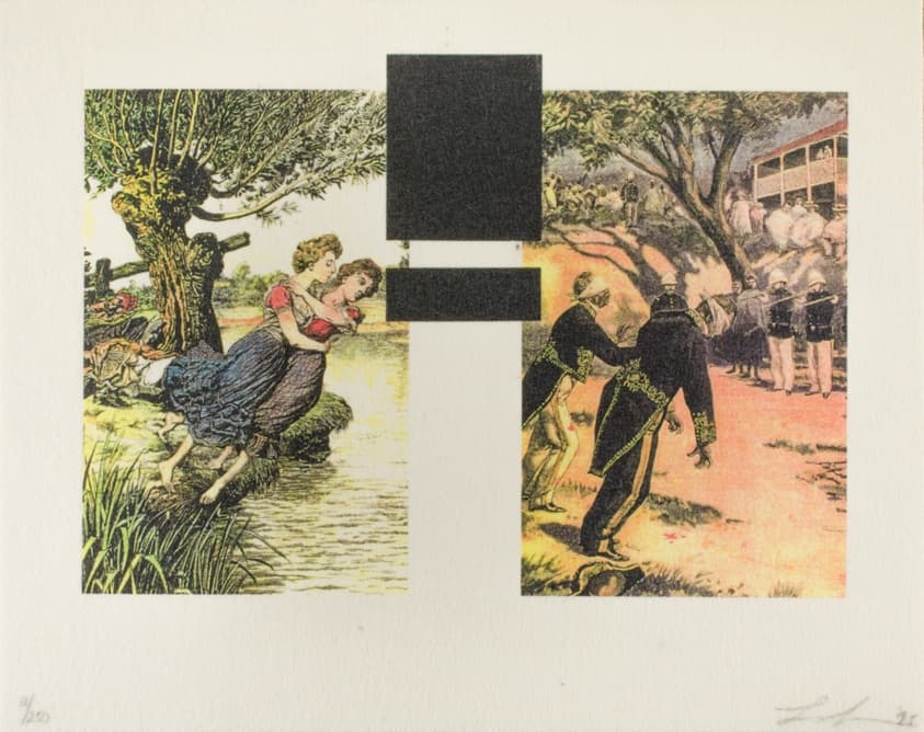 A work made of color waterless lithograph in black, yellow, red, and violet on felt.