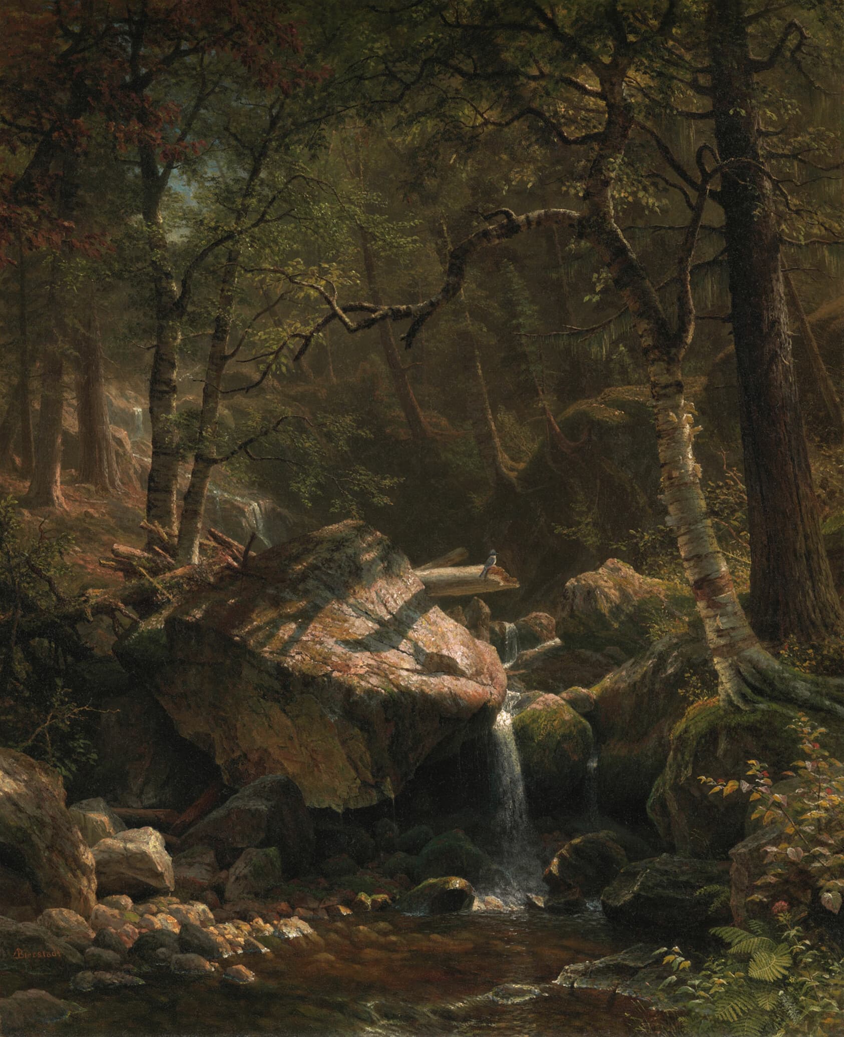 Painting of a small stream in the middle of the woods. In the center of the painting, there is a small waterfall over a large boulder. Radiant beams of sunlight penetrate the thick forest of birch and other trees, and a small bird sings from a broken branch over the waterfall.