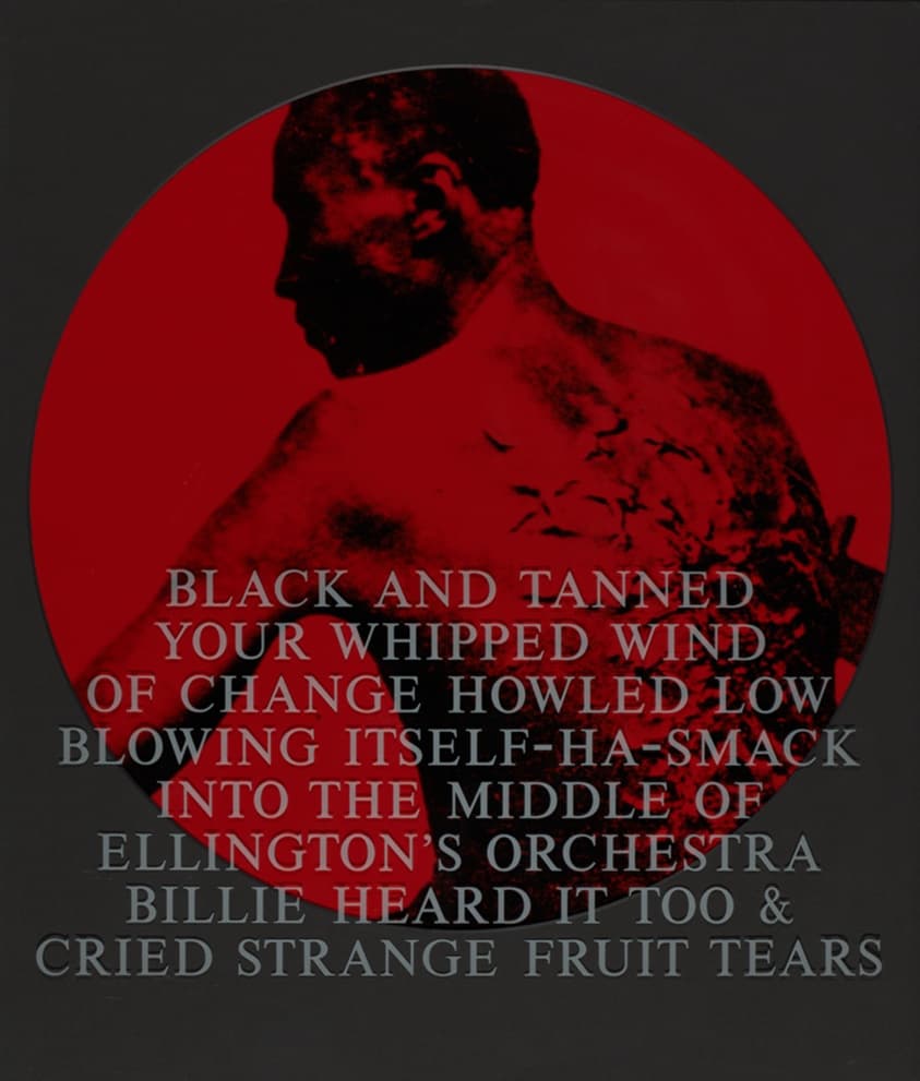 Red and black colored photograph of an African American man with several scars on his back, the title etched in glass on top of the image.