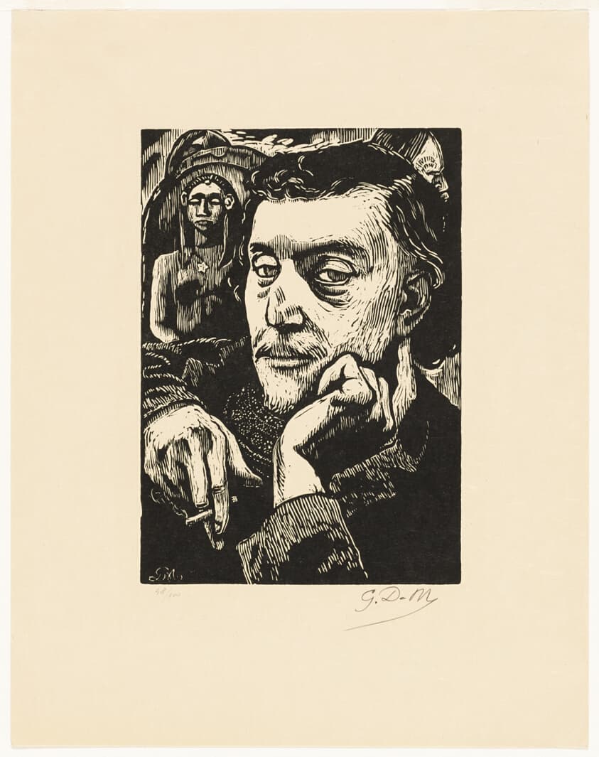 A work made of linoleum cut in black on cream wove paper.
