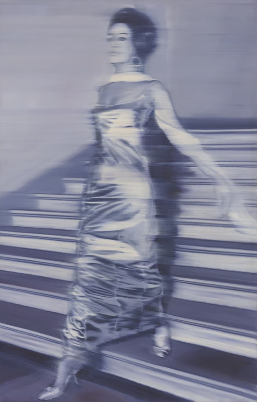 Painting resembles a blurry, blue photograph of woman wearing a shiny dress.