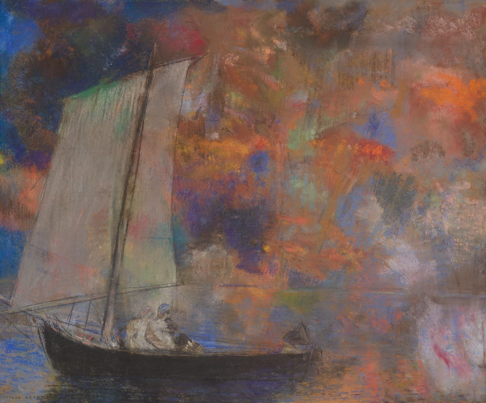Pastel drawing of two figures in a sailboat, bright multi-colored clouds.